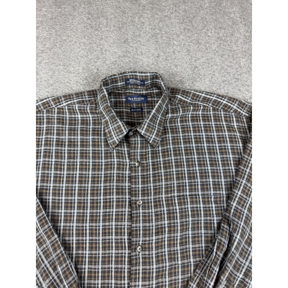 Van Heusen Button Down Shirt Men's XL Brown Plaid Wrinkle Free Long Sleeve